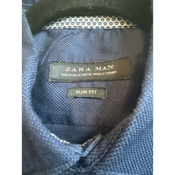 Zara Man Slim fit Dark Blue Collar Button Down Cotton Blend - Picture 2 of 7